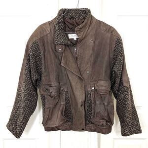Vintage Laurice 80’s Bomber Jacket Brown Leather Wool Sweater Sleeves Size L